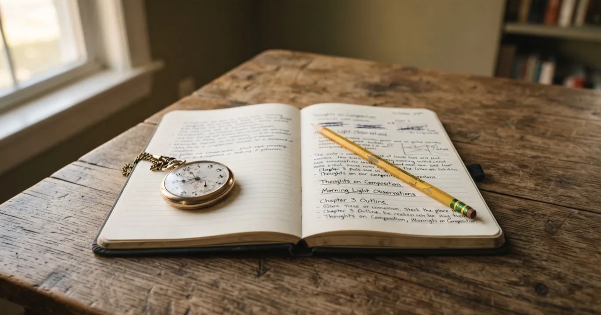 An open notebook with a pencil and a stopwatch on a wooden table