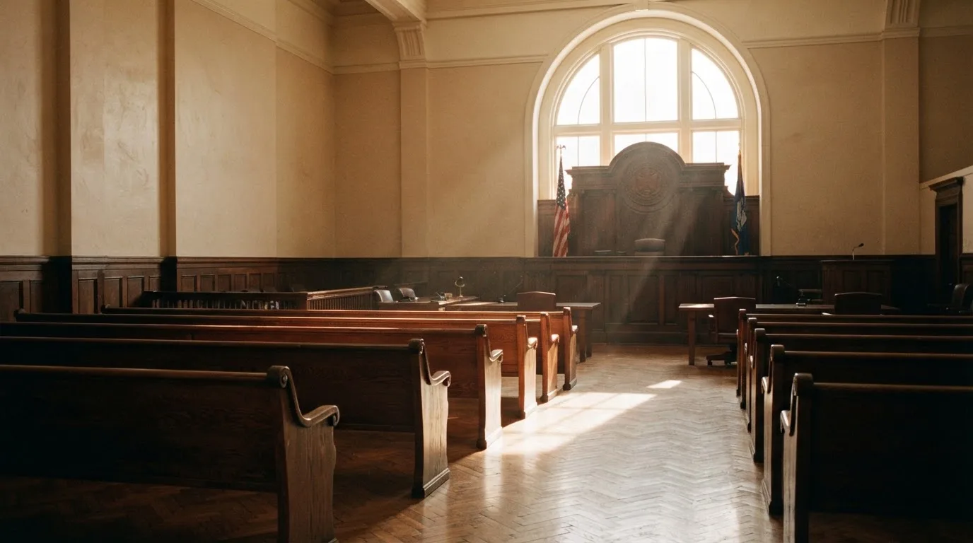 An empty courtroom with wooden benches in morning light