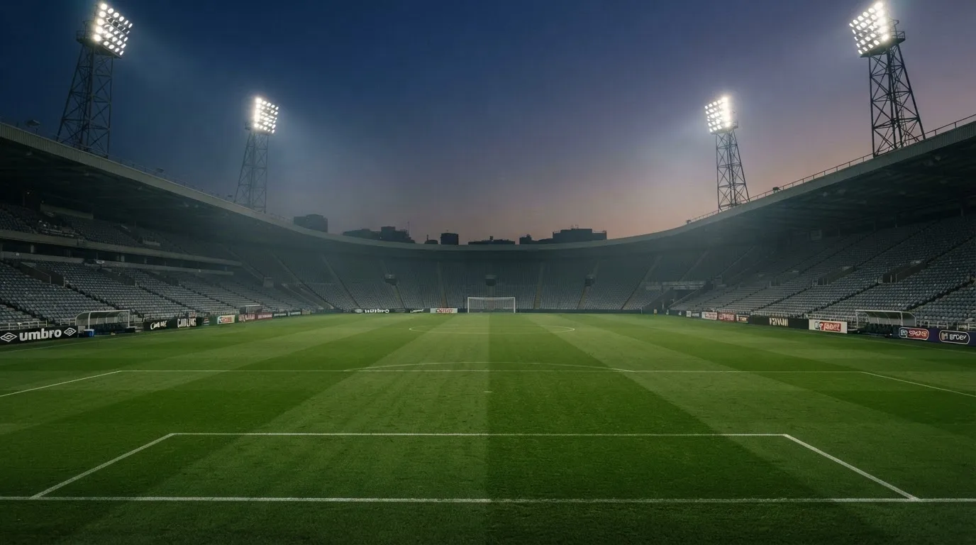 An empty football stadium with floodlight masts at dusk