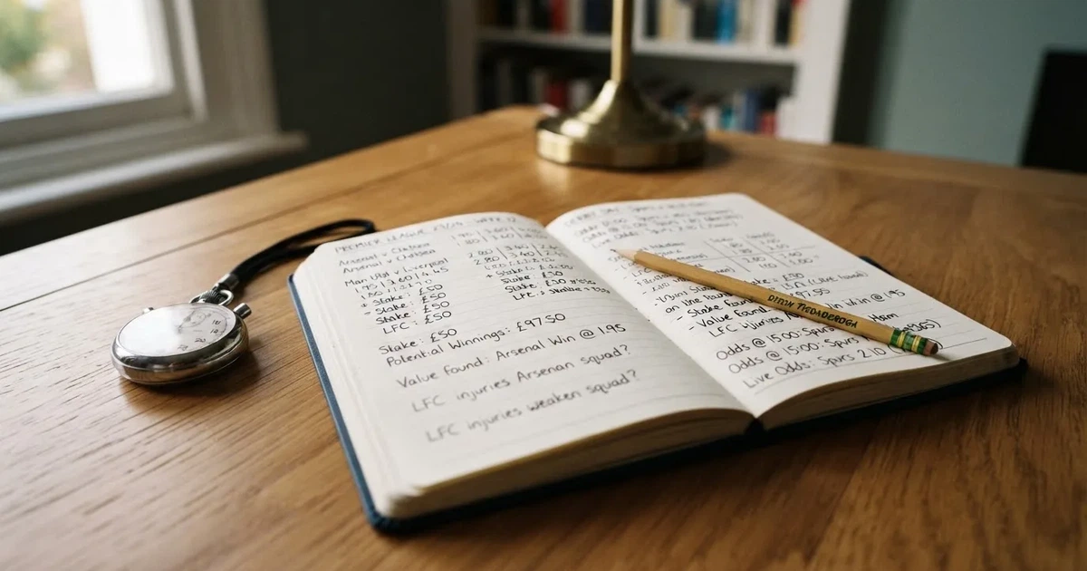 An open notebook with a pencil and a stopwatch on a wooden table