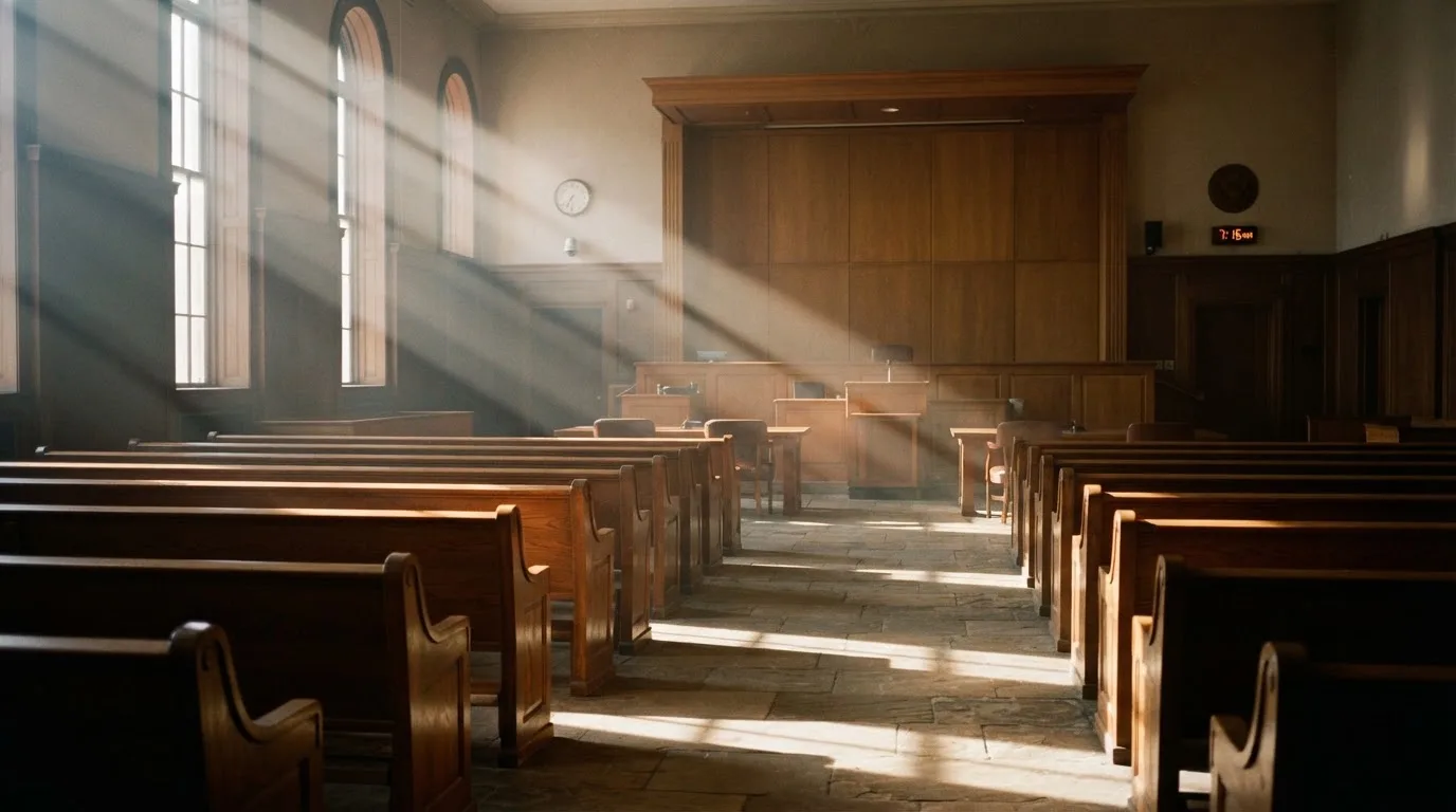 An empty courtroom with wooden benches in morning light