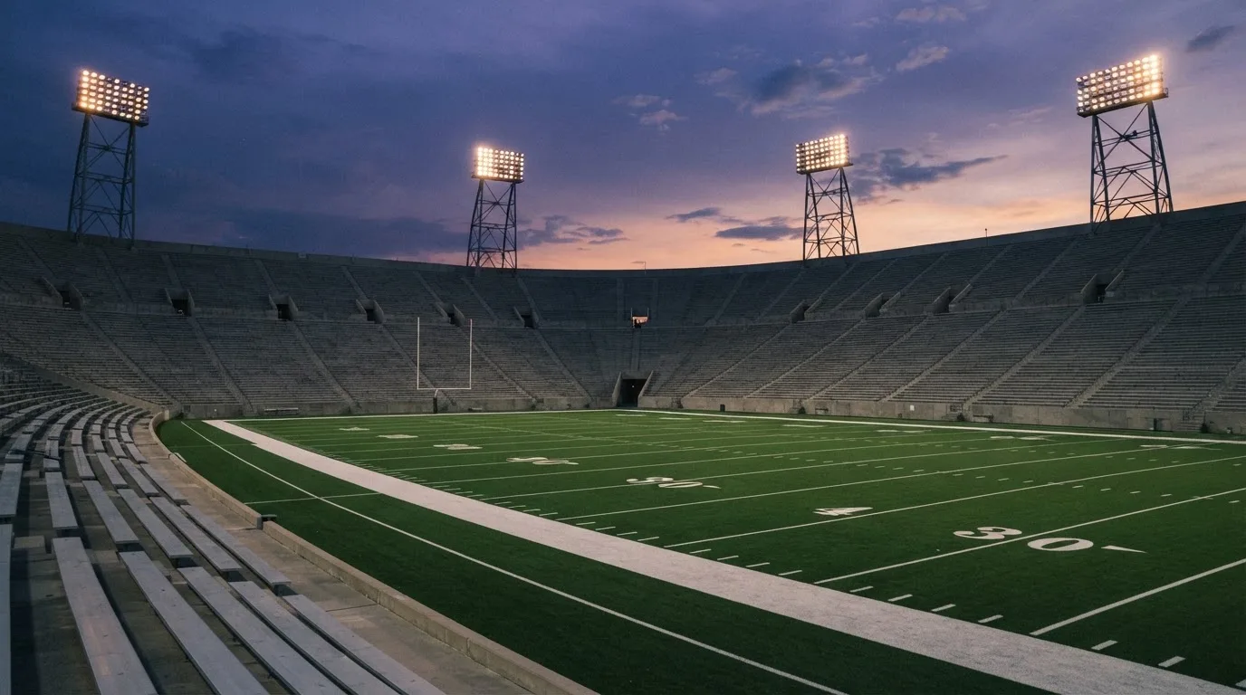 An empty football stadium with floodlight masts at dusk