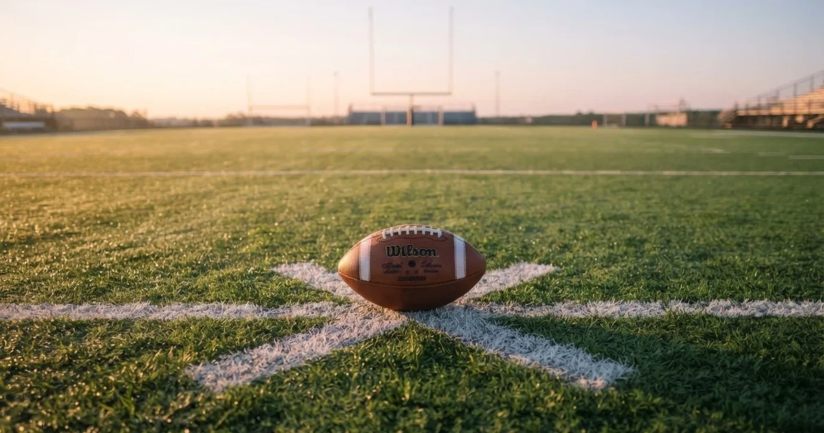 A ball on the centre spot of a grass pitch in morning light
