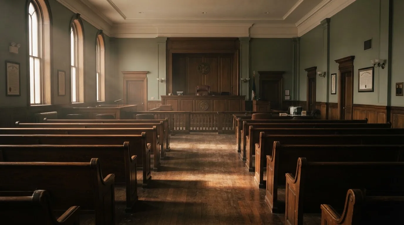 An empty courtroom with wooden benches in morning light