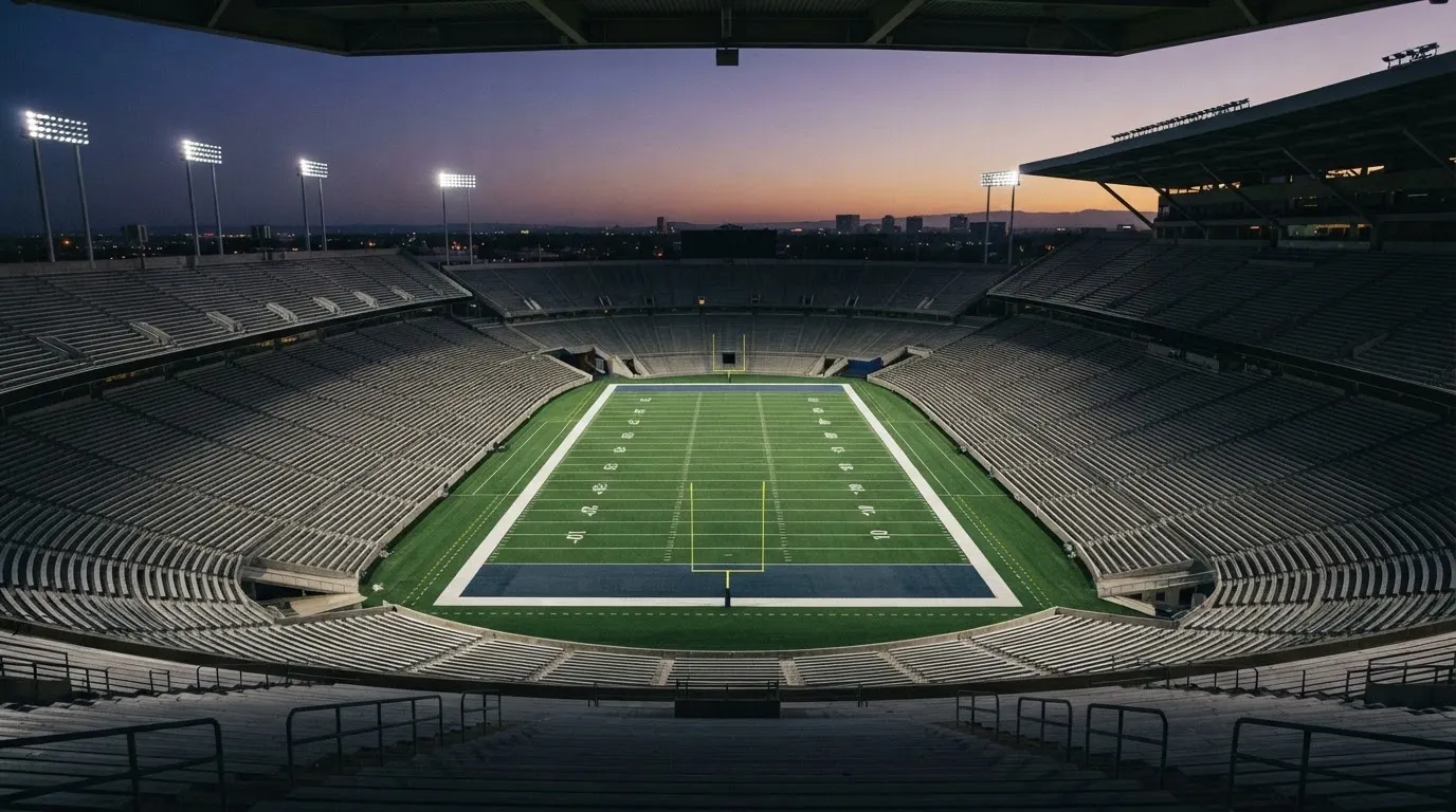 An empty football stadium with floodlight masts at dusk