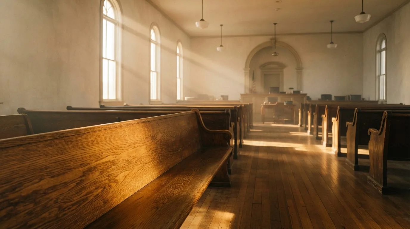 An empty courtroom with wooden benches in morning light