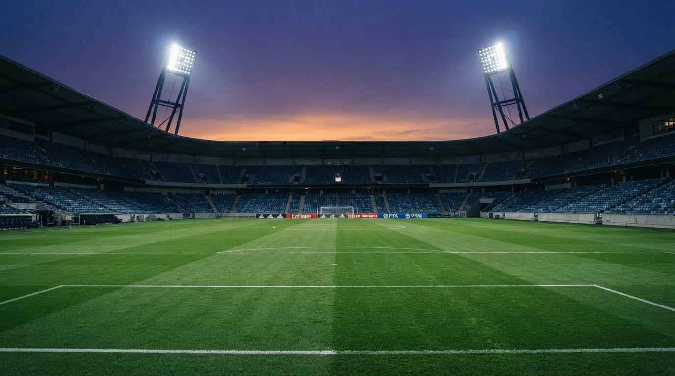 An empty football stadium with floodlight masts at dusk