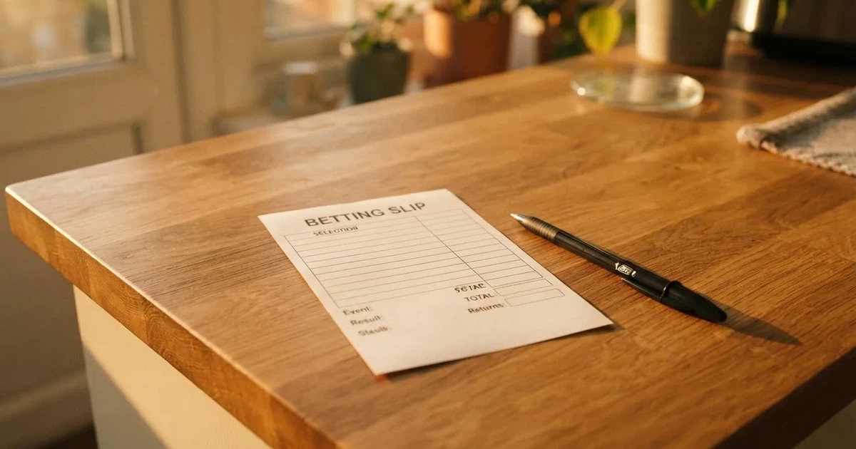 A blank paper betting slip beside a pen on a wooden counter