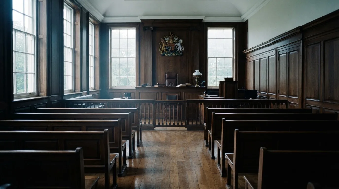 An empty courtroom with wooden benches in morning light