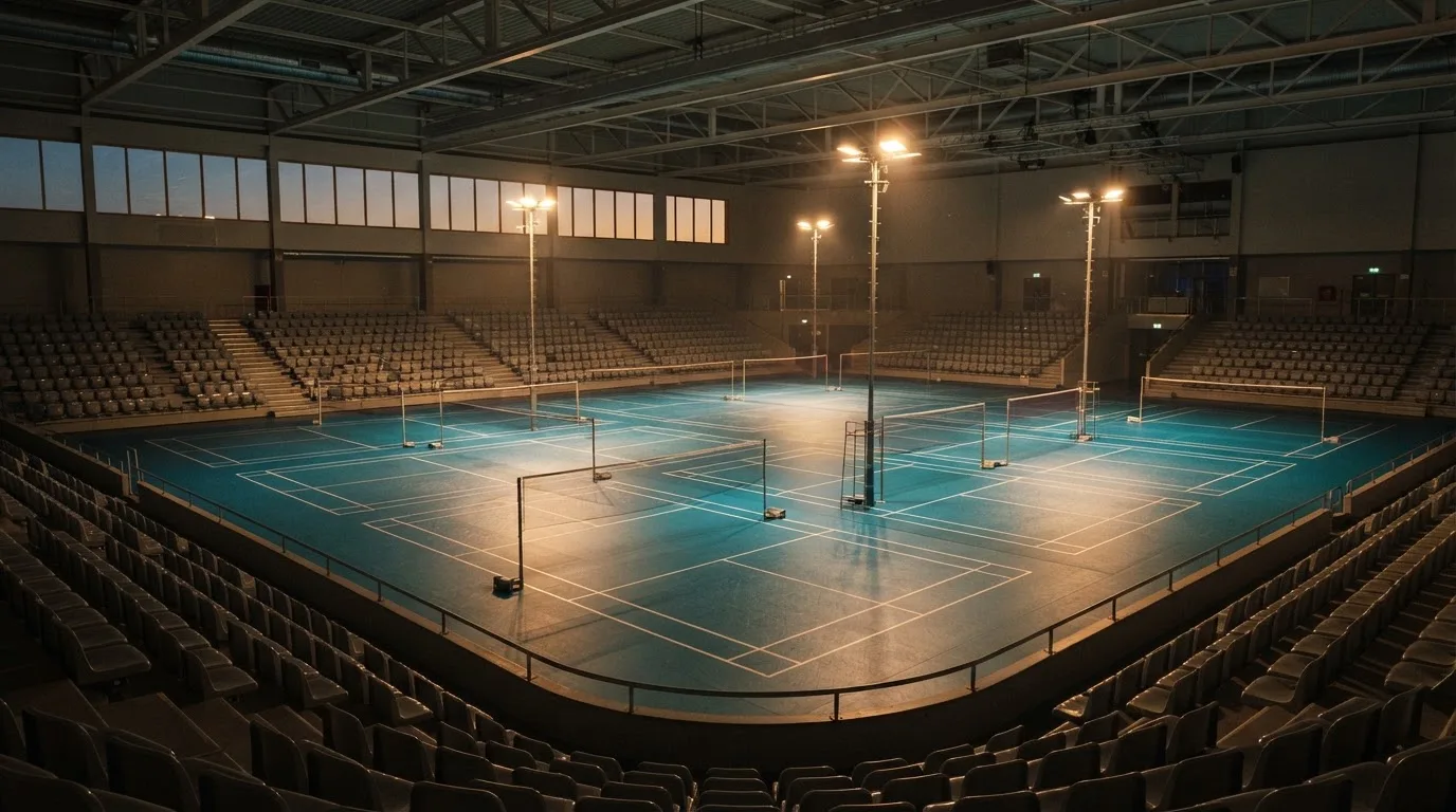 An empty football stadium with floodlight masts at dusk