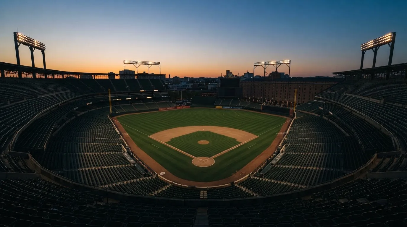 An empty football stadium with floodlight masts at dusk
