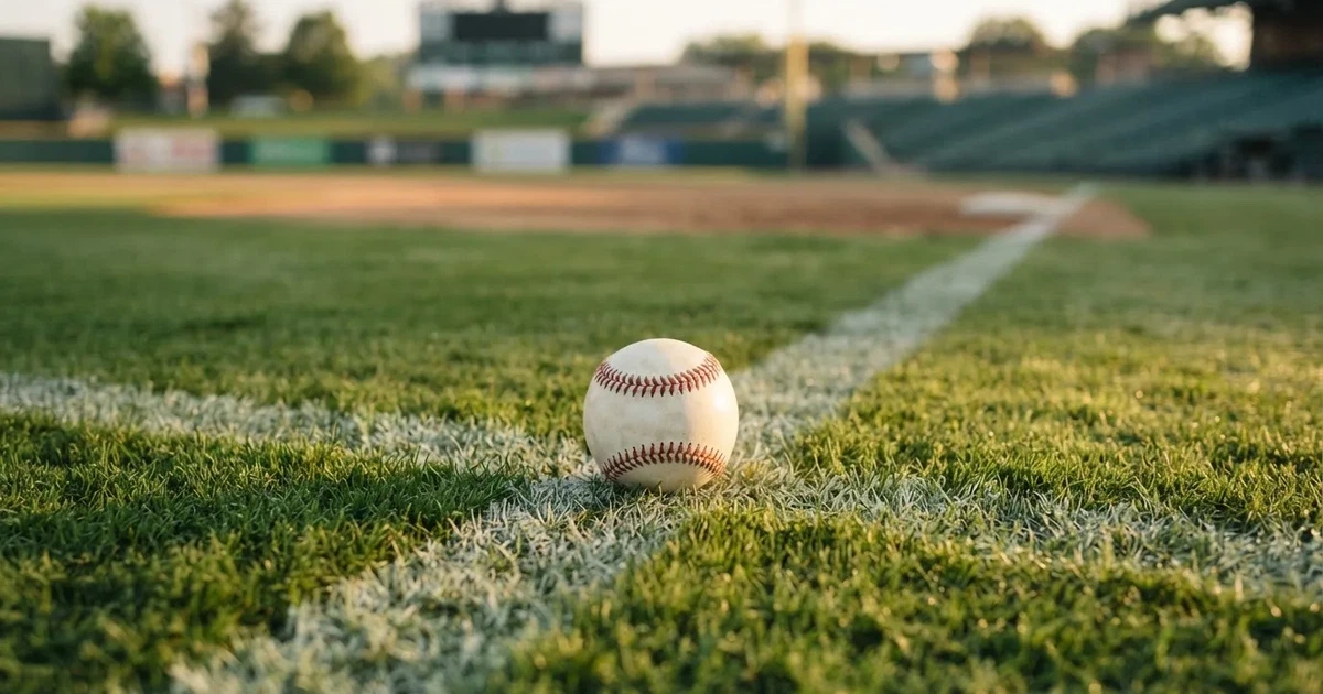 A ball on the centre spot of a grass pitch in morning light