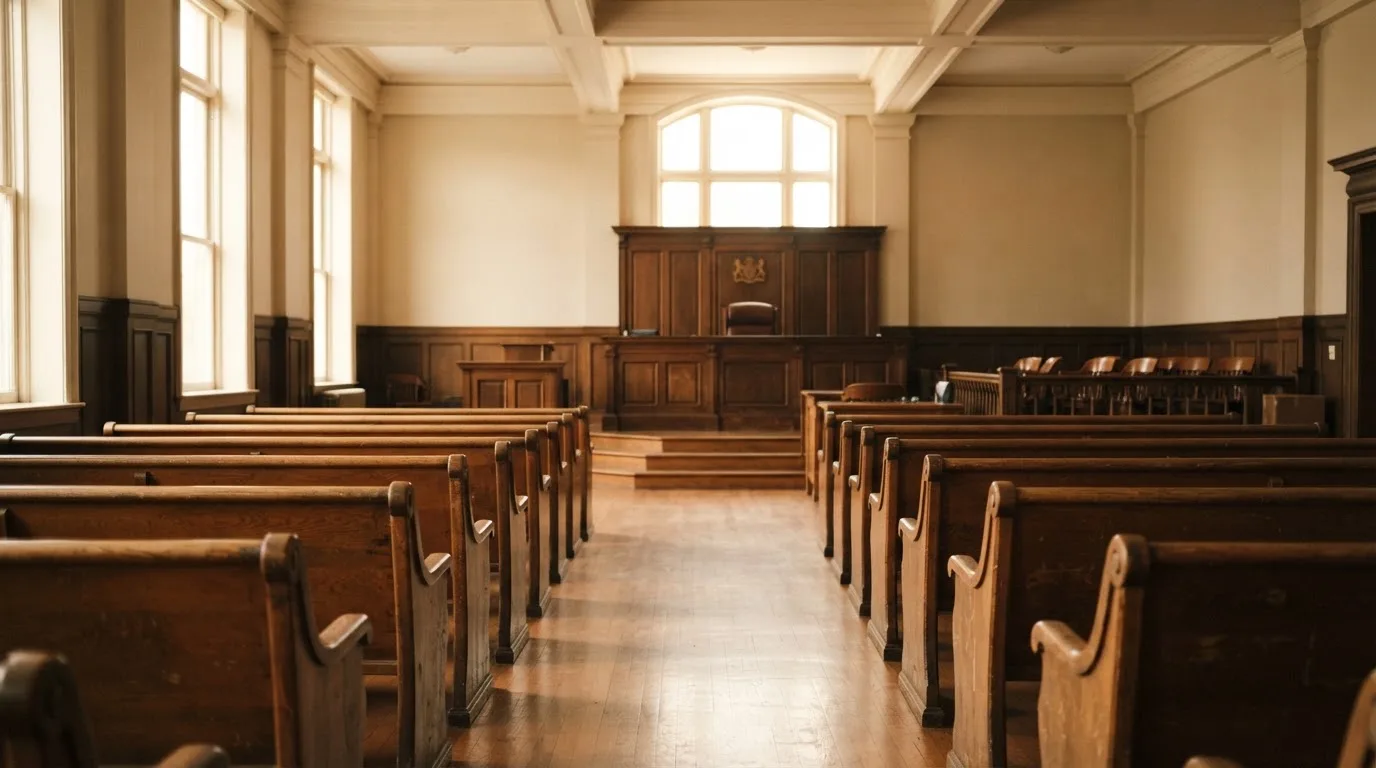 An empty courtroom with wooden benches in morning light