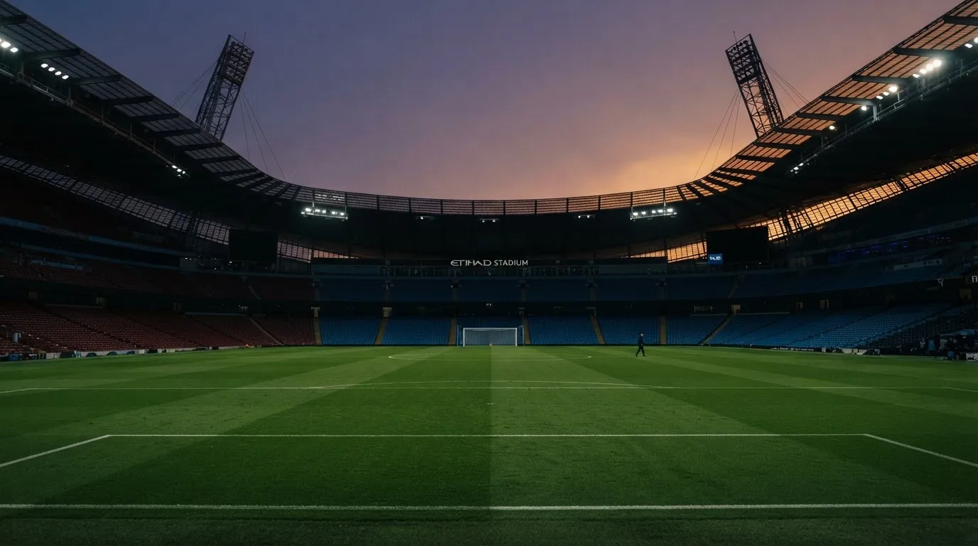 An empty football stadium with floodlight masts at dusk