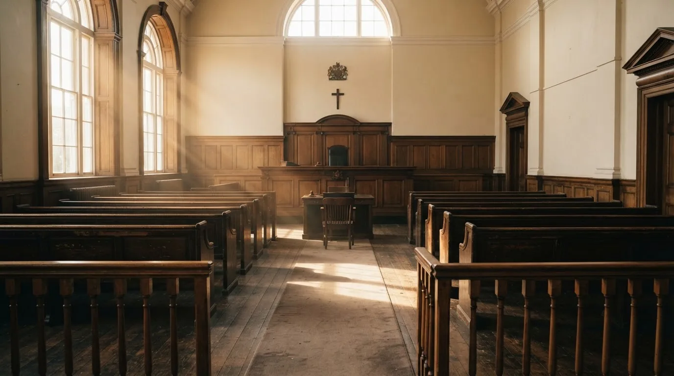 An empty courtroom with wooden benches in morning light