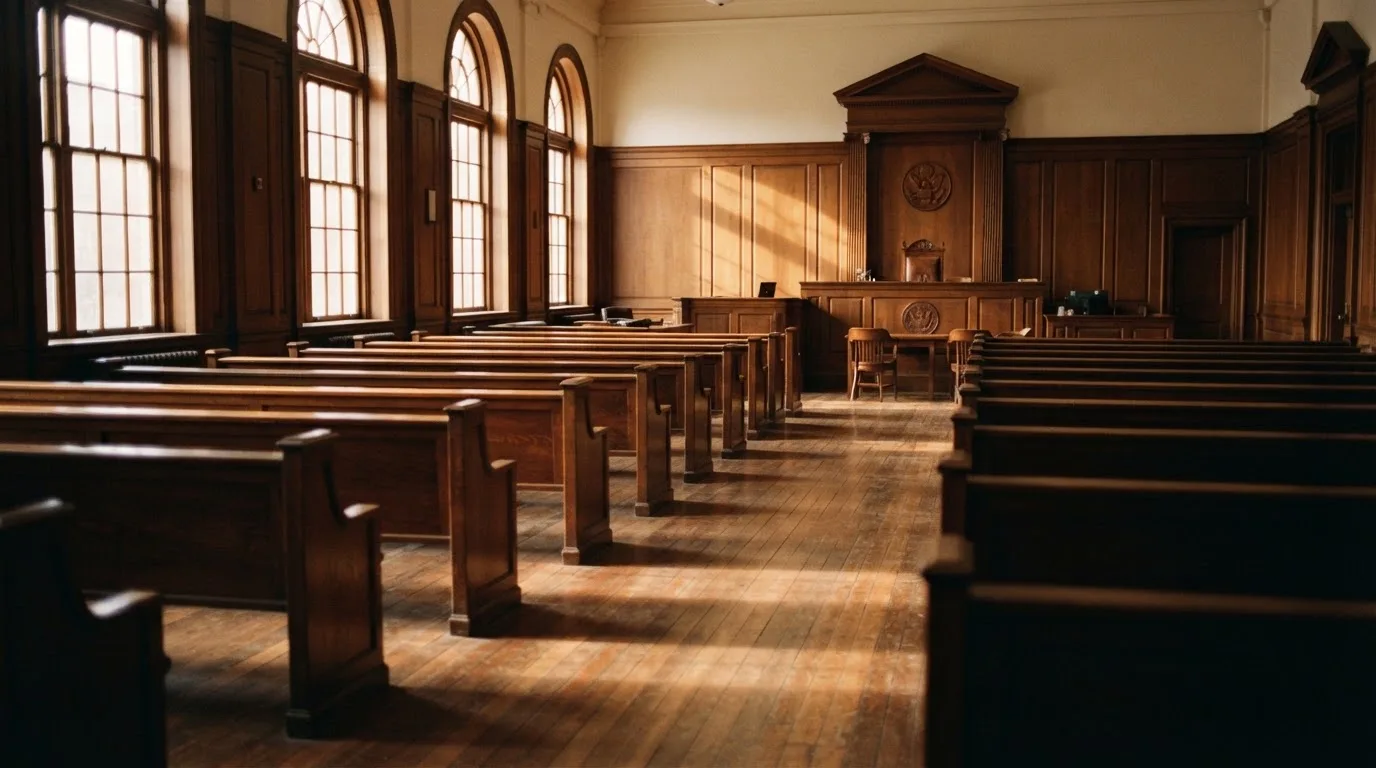 An empty courtroom with wooden benches in morning light