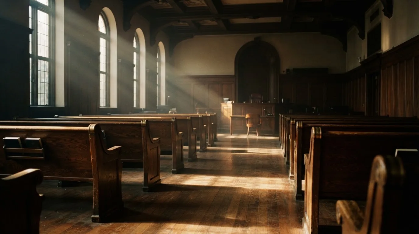 An empty courtroom with wooden benches in morning light