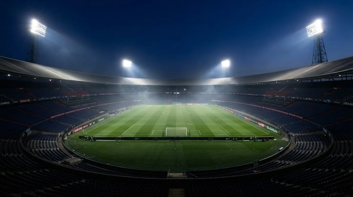 An empty football stadium with floodlight masts at dusk