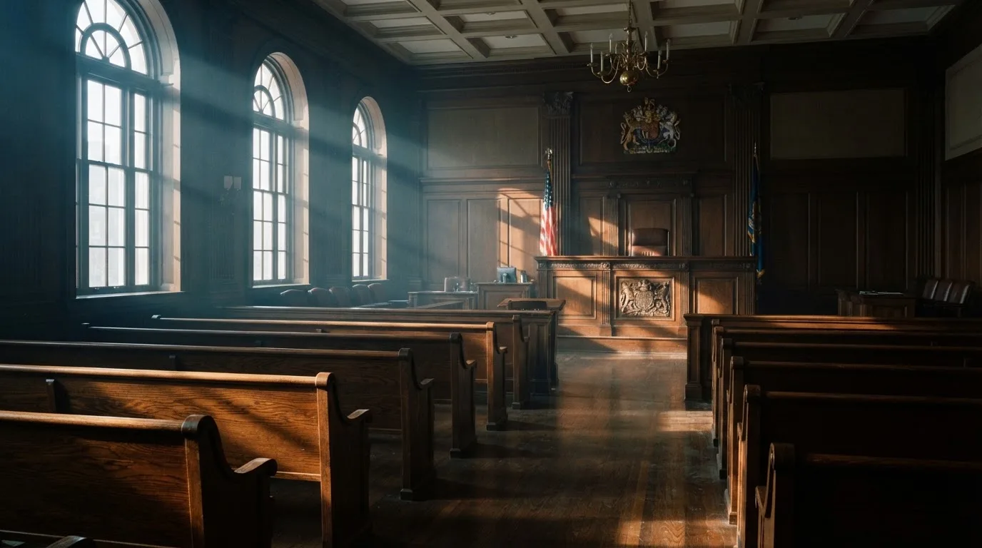 An empty courtroom with wooden benches in morning light