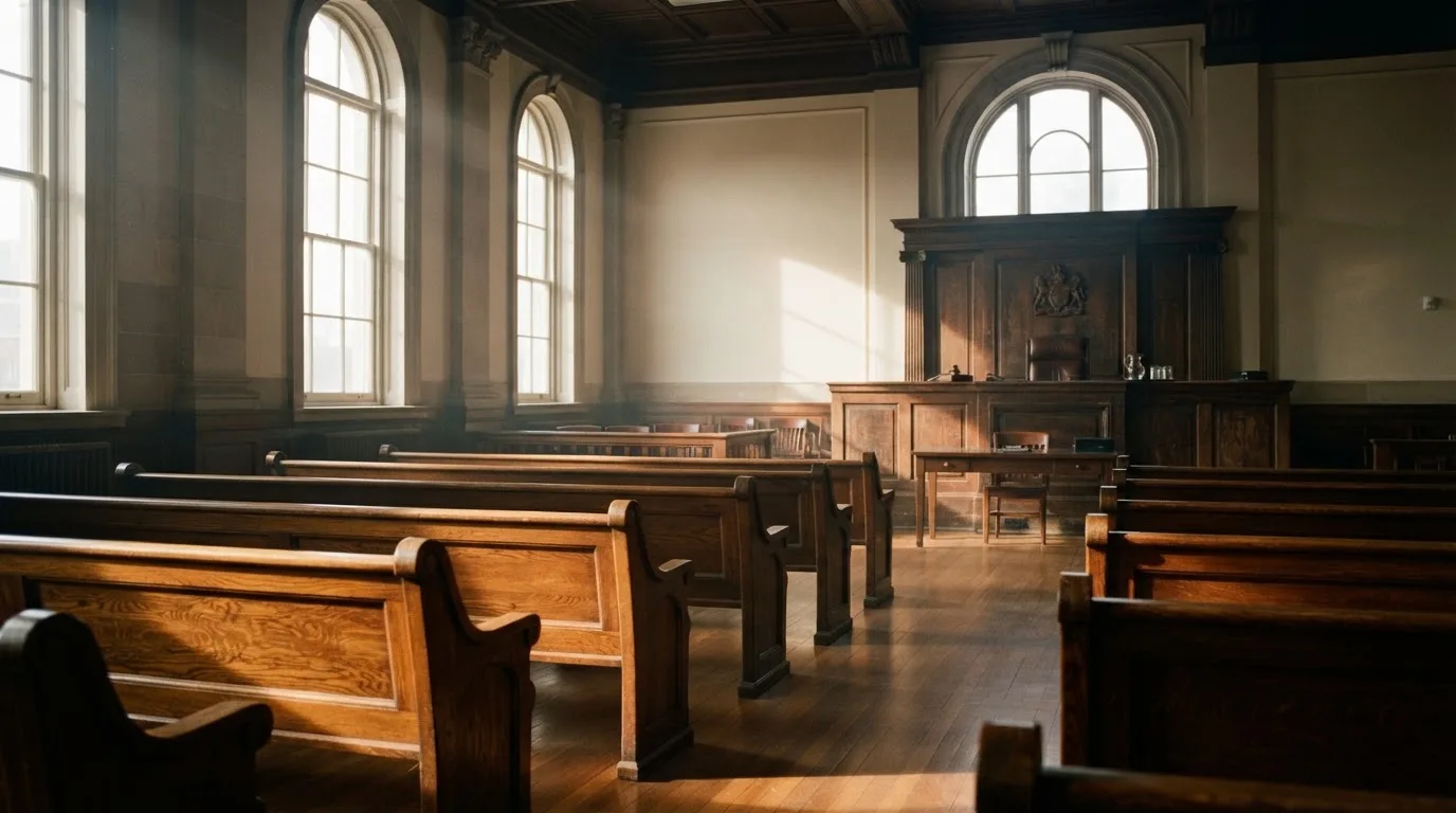 An empty courtroom with wooden benches in morning light