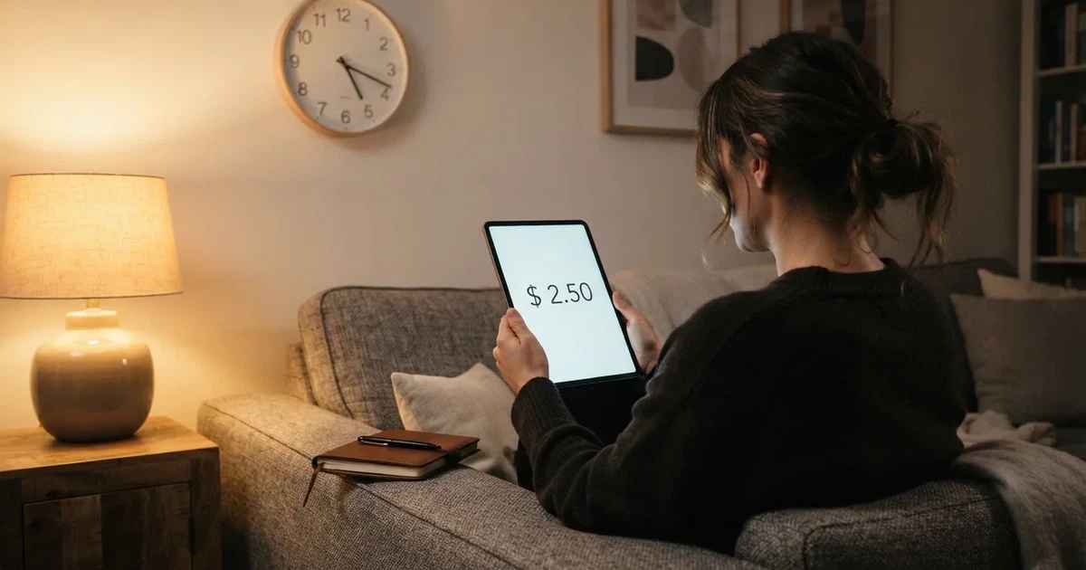 A person on a sofa looking thoughtfully at a tablet, a wall clock in the background