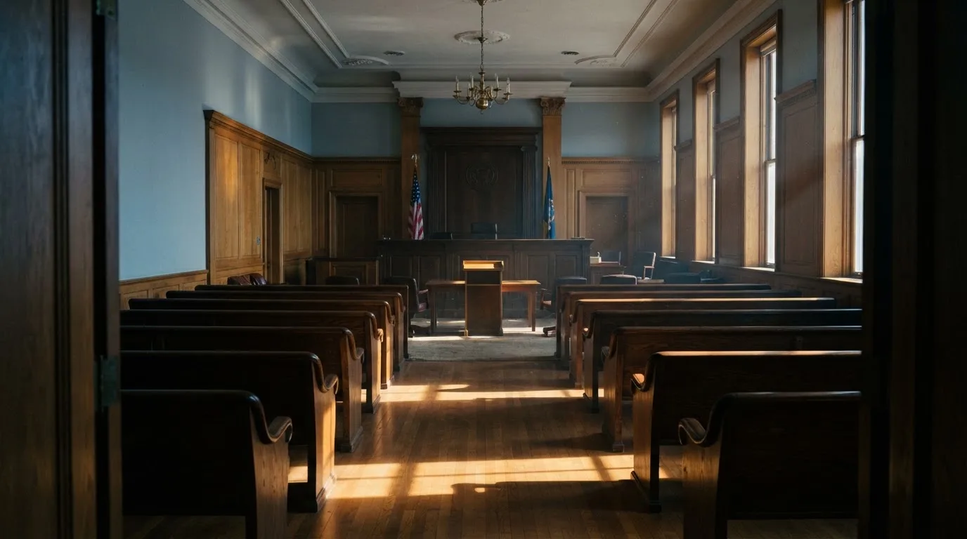 An empty courtroom with wooden benches in morning light