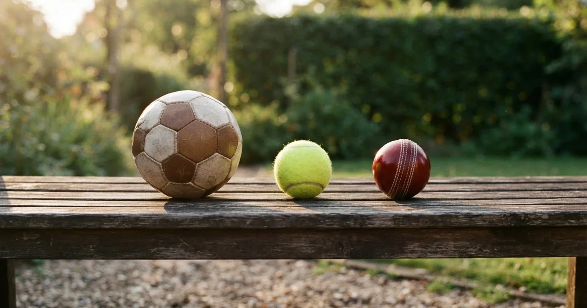 Three balls of different kinds side by side on a wooden bench