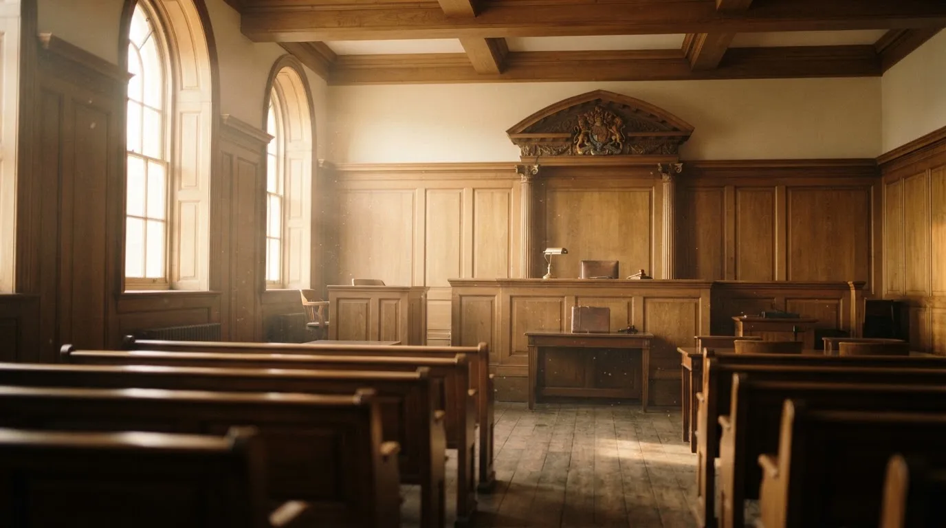 An empty courtroom with wooden benches in morning light