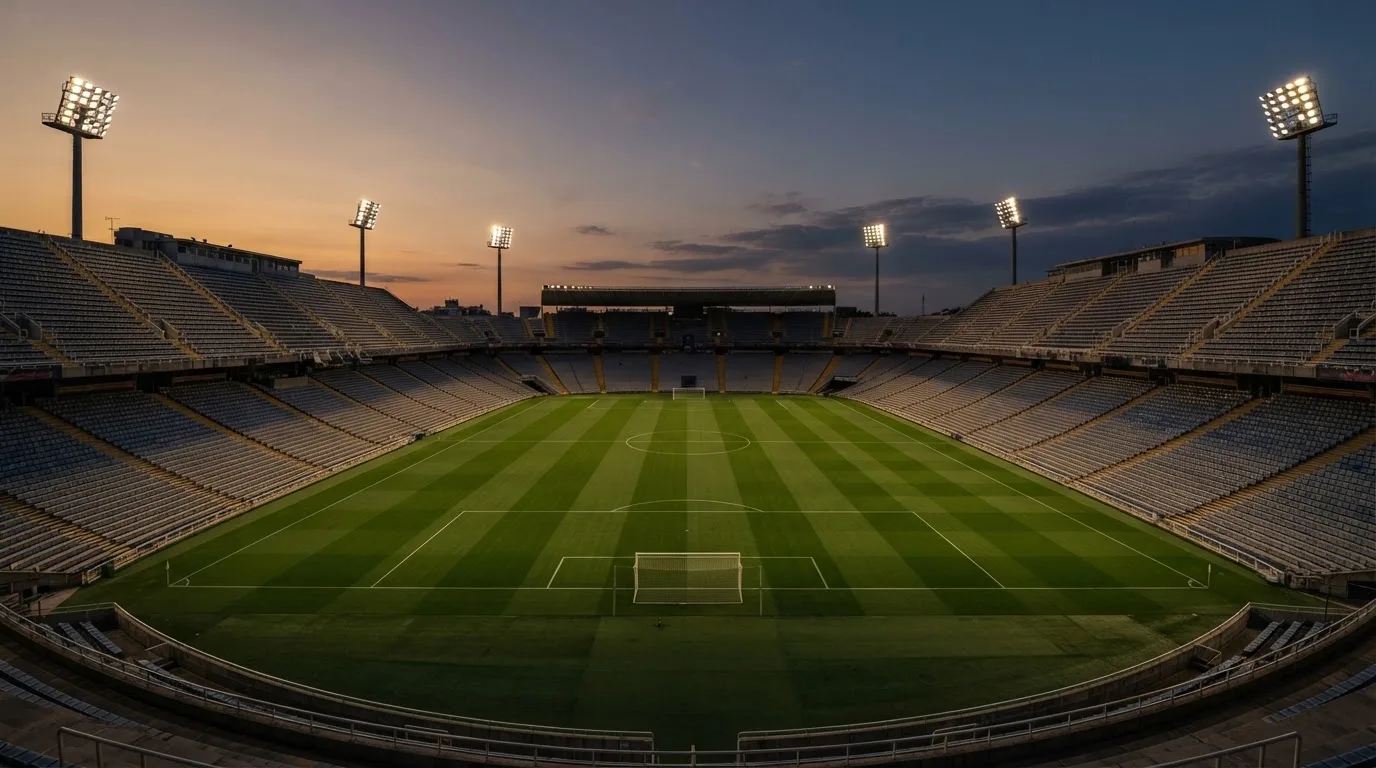 An empty football stadium with floodlight masts at dusk