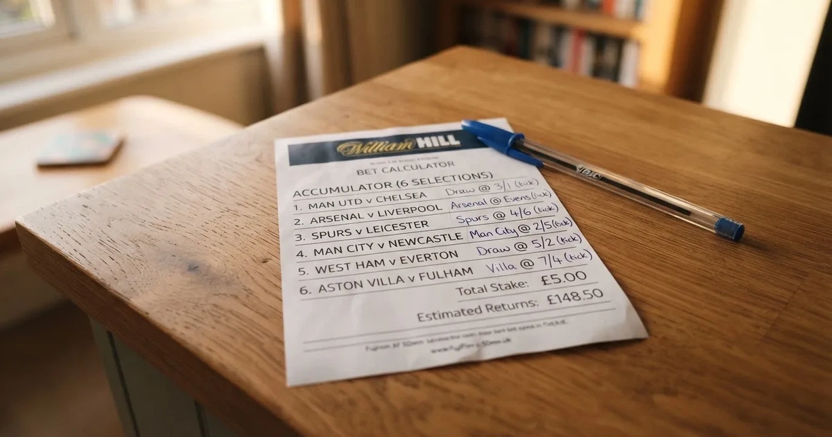 A blank paper betting slip beside a pen on a wooden counter