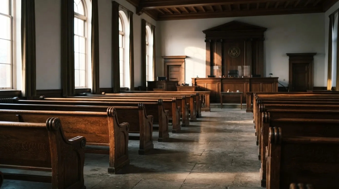 An empty courtroom with wooden benches in morning light