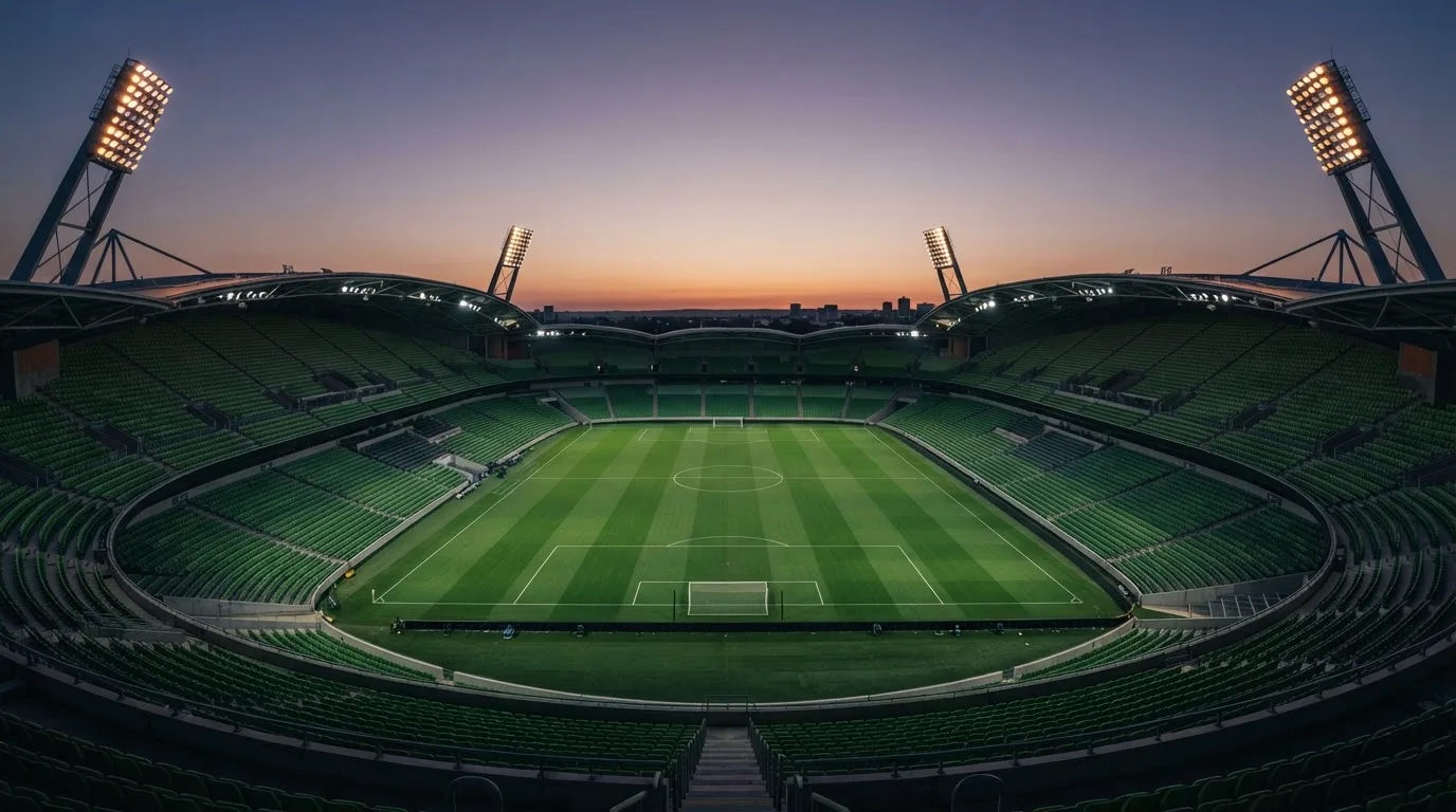 An empty football stadium with floodlight masts at dusk