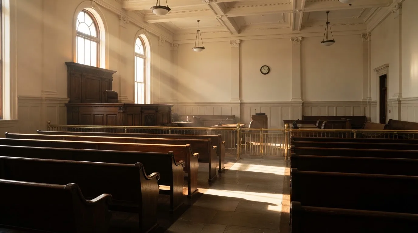 An empty courtroom with wooden benches in morning light