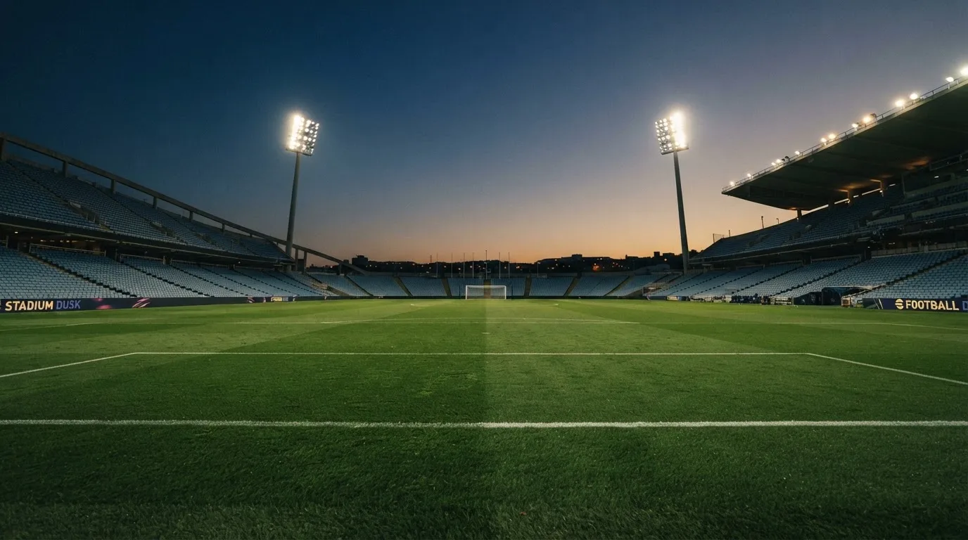 An empty football stadium with floodlight masts at dusk
