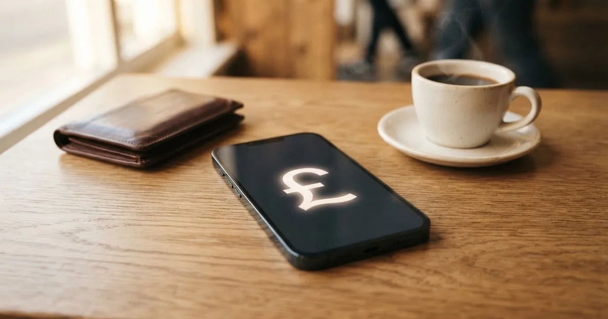 A smartphone on a wooden table beside a wallet and a coffee cup