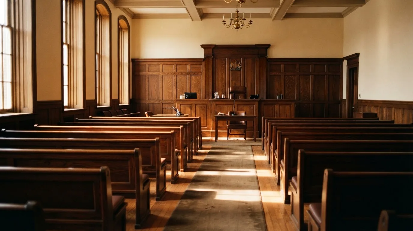 An empty courtroom with wooden benches in morning light