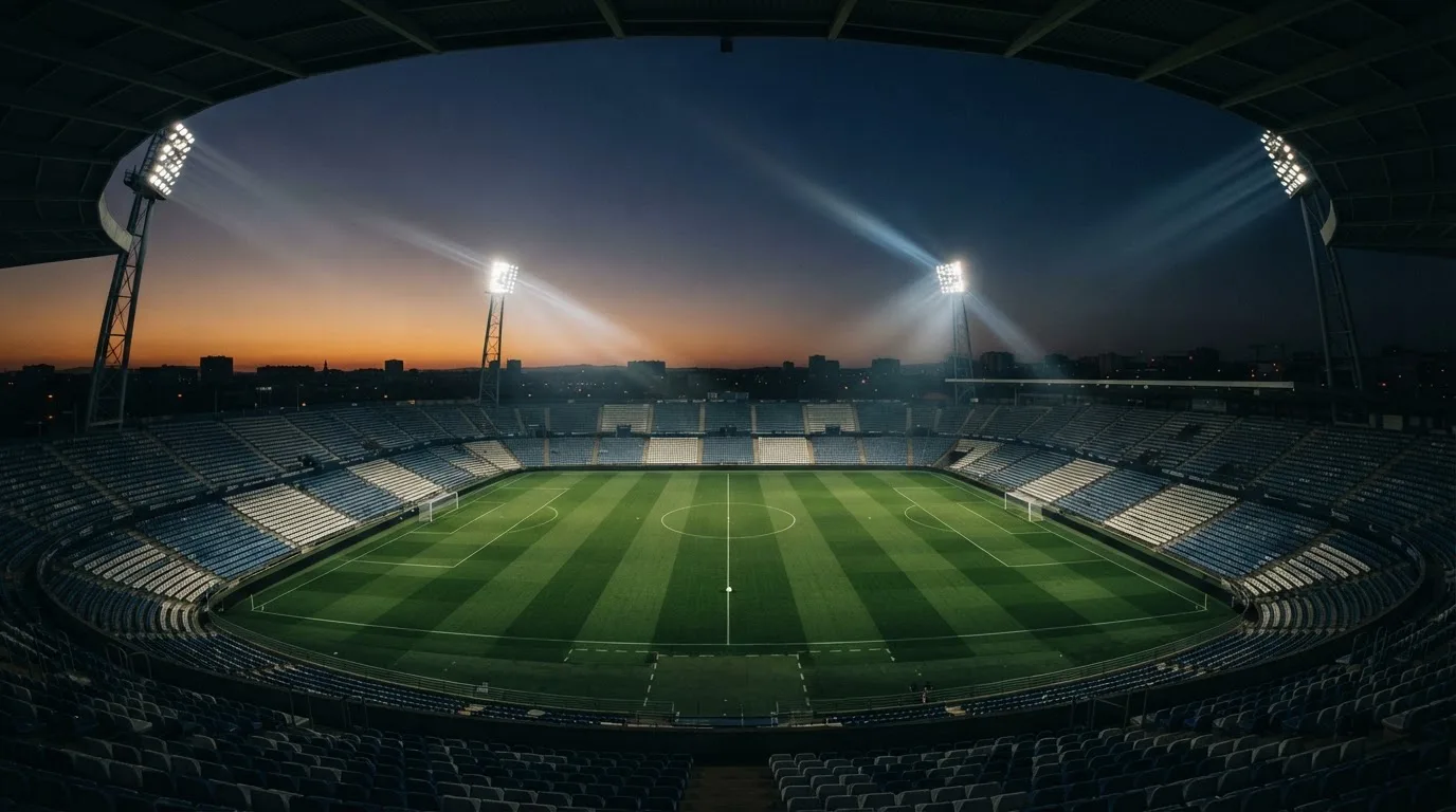An empty football stadium with floodlight masts at dusk