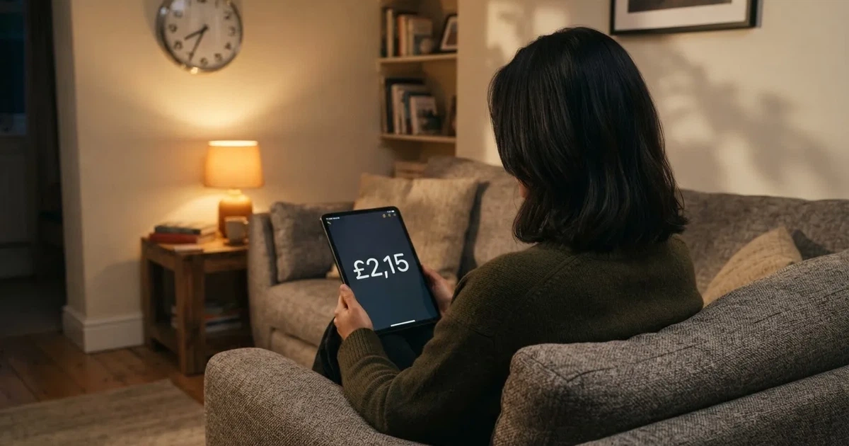 A person on a sofa looking thoughtfully at a tablet, a wall clock in the background