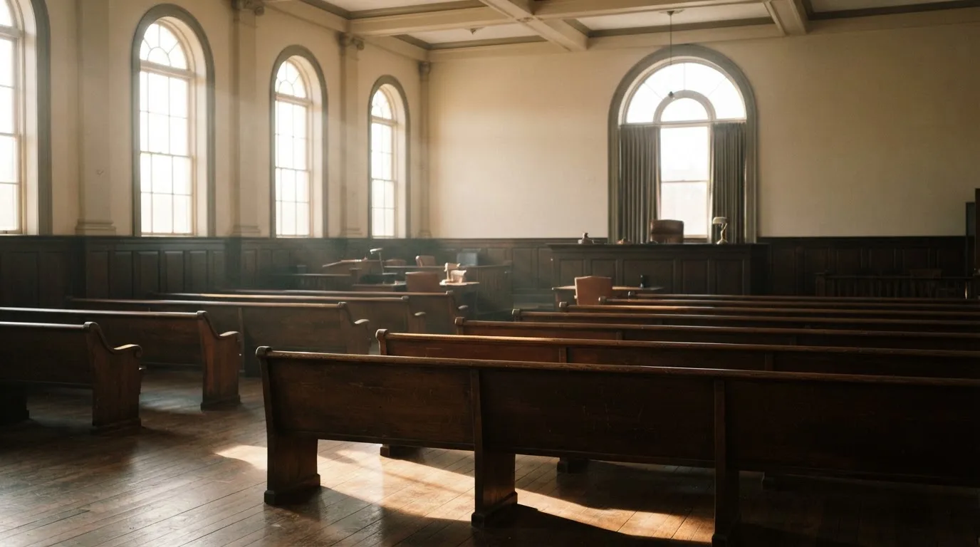 An empty courtroom with wooden benches in morning light