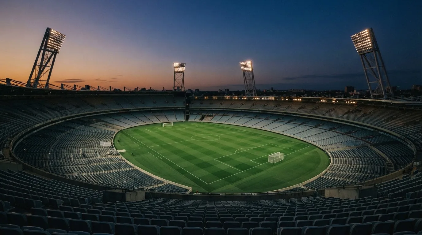 An empty football stadium with floodlight masts at dusk
