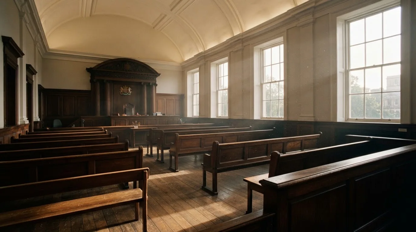 An empty courtroom with wooden benches in morning light