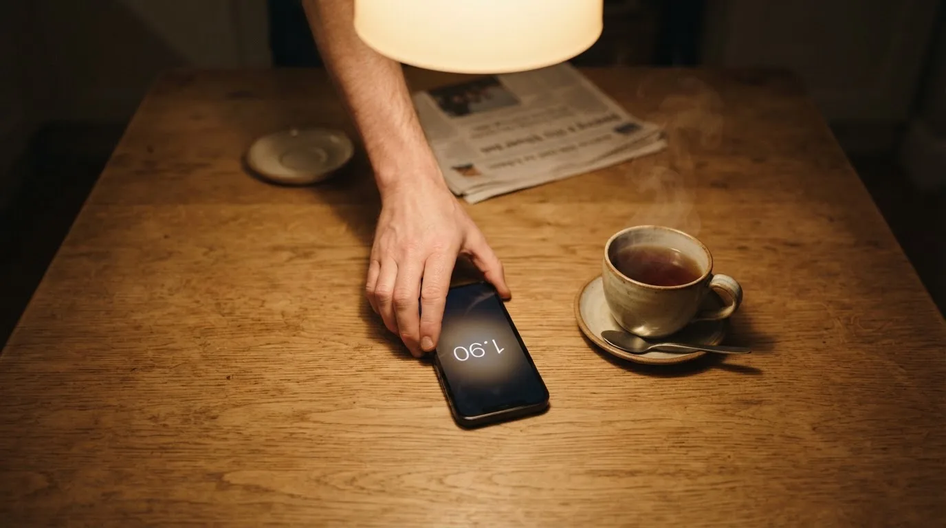 A hand setting a smartphone down beside a cup of tea on a kitchen table on a quiet evening