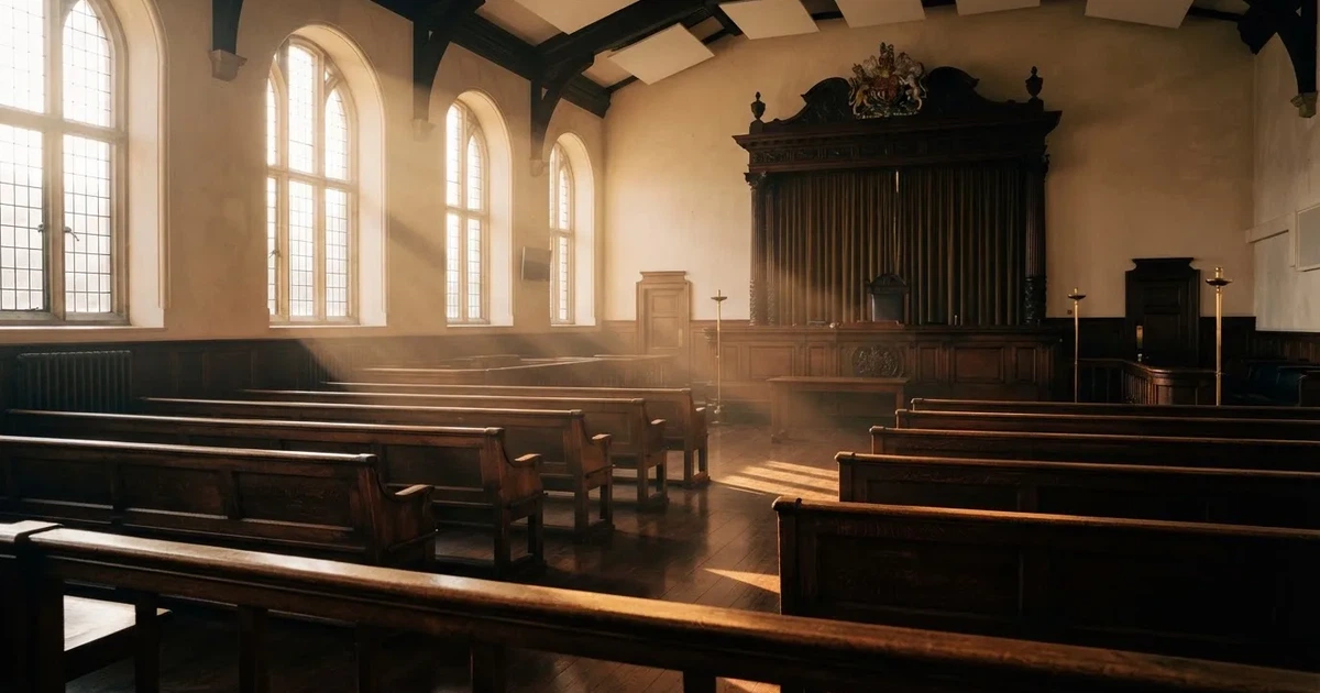 An empty courtroom with wooden benches in morning light