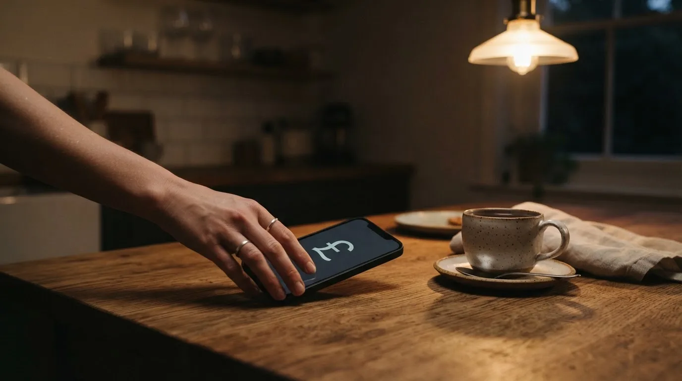 A hand setting a smartphone down beside a cup of tea on a kitchen table on a quiet evening