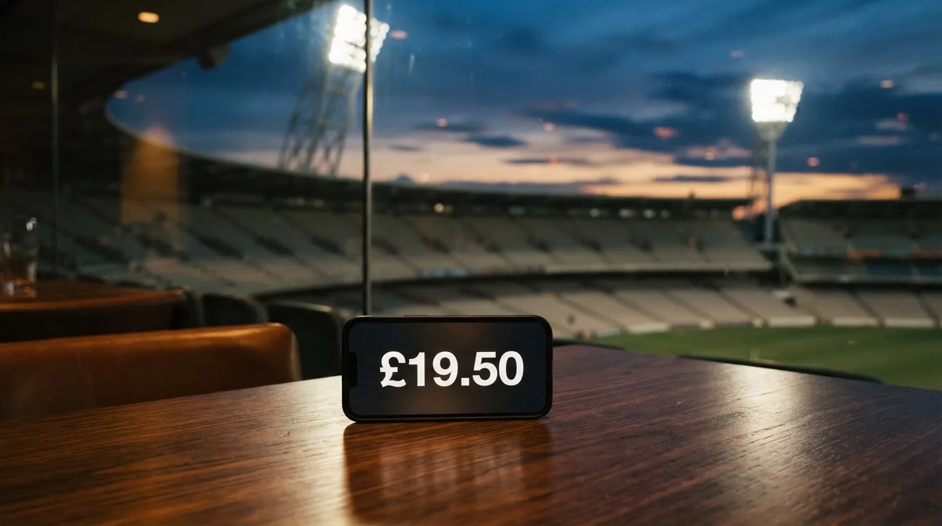 An empty football stadium with floodlight masts at dusk