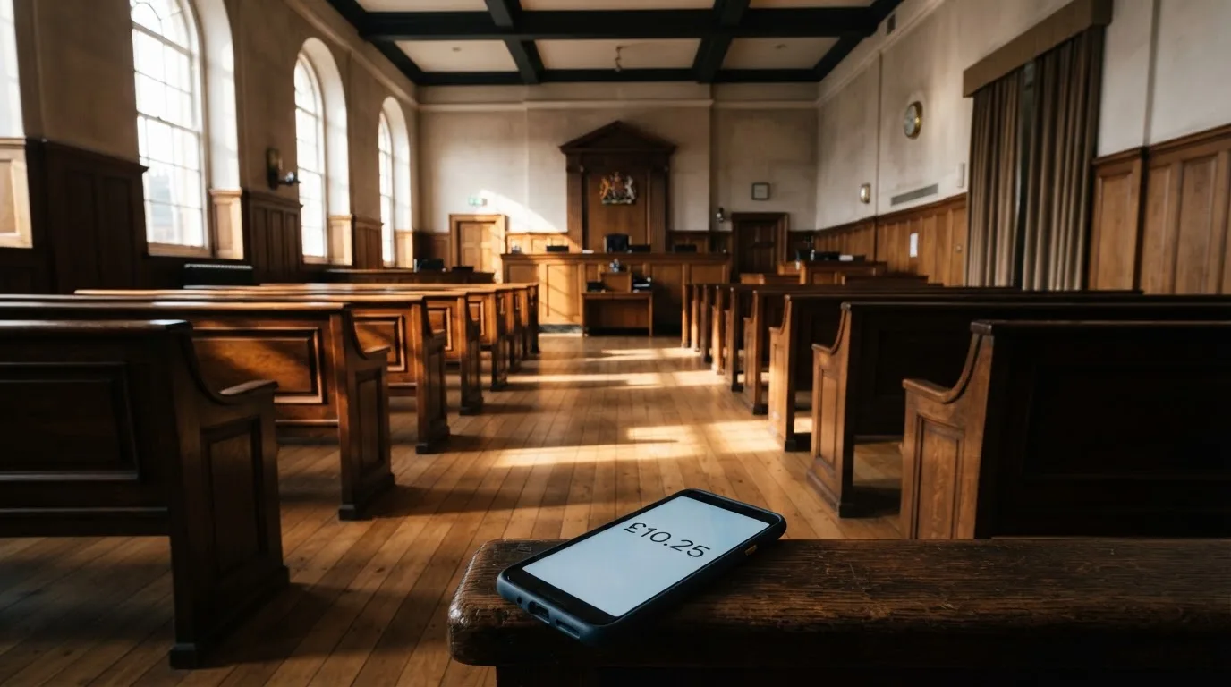 An empty courtroom with wooden benches in morning light
