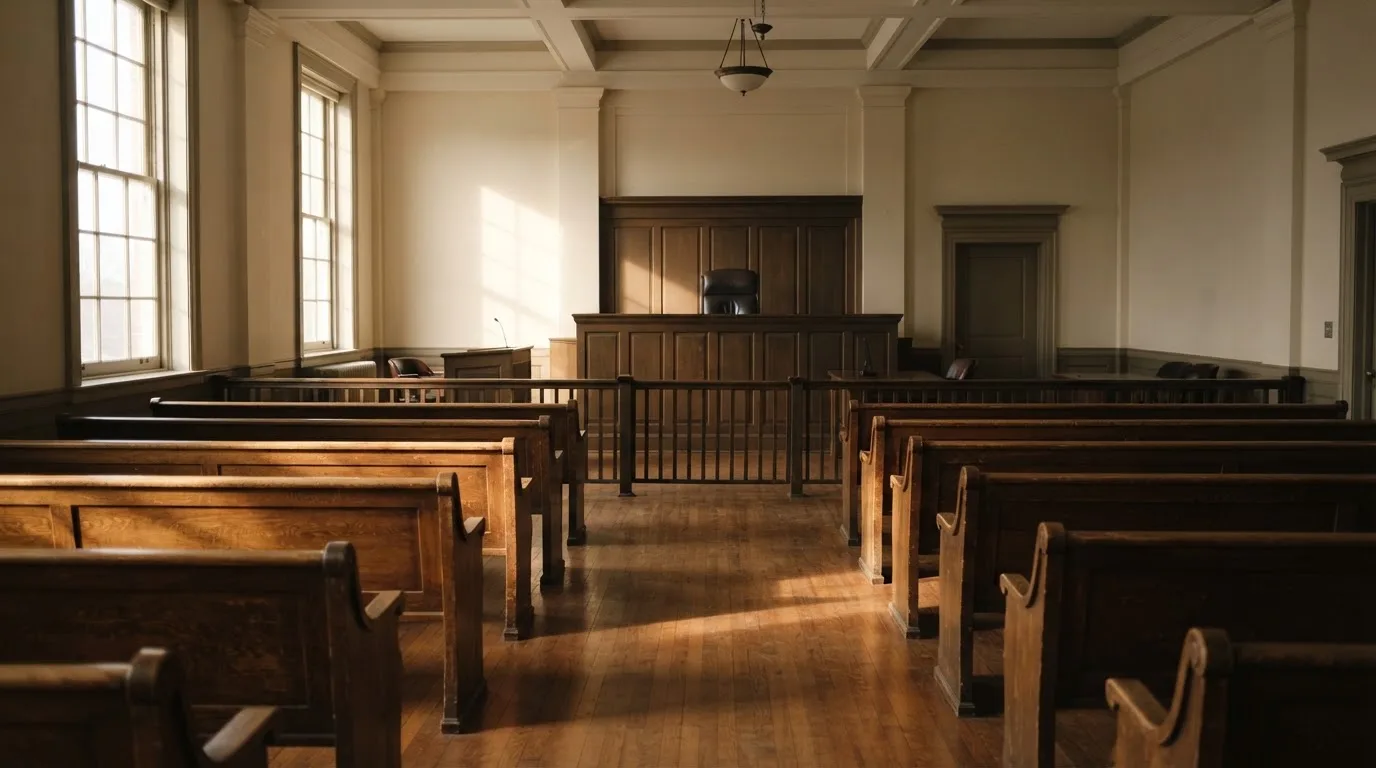 An empty courtroom with wooden benches in morning light