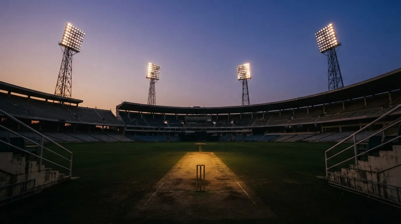 An empty football stadium with floodlight masts at dusk