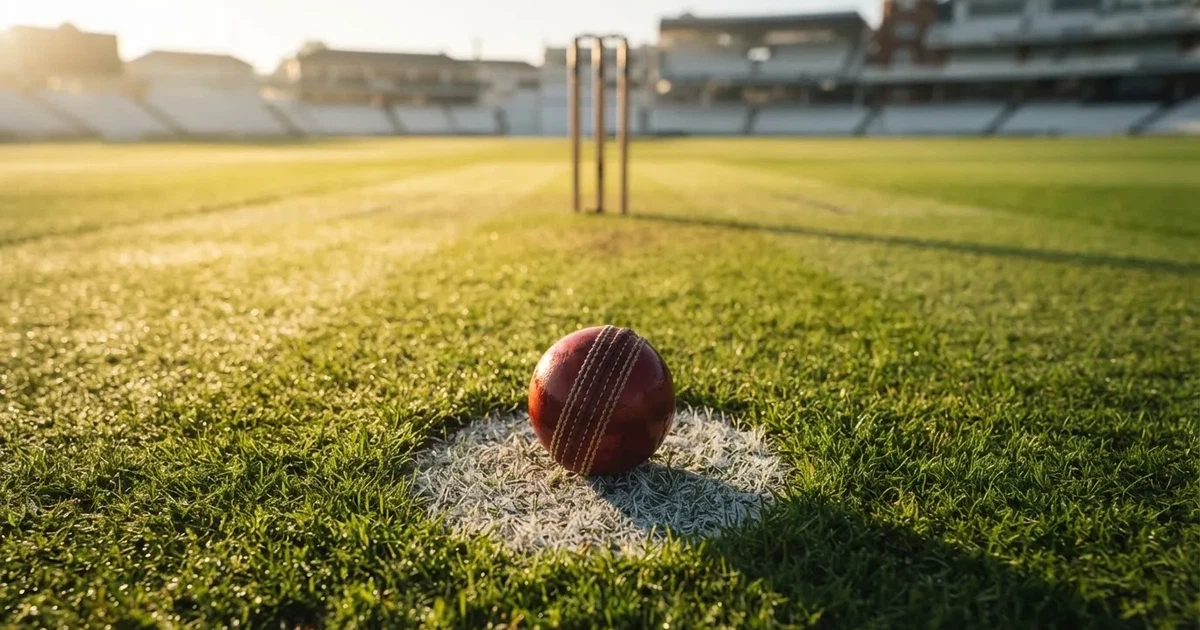 A ball on the centre spot of a grass pitch in morning light