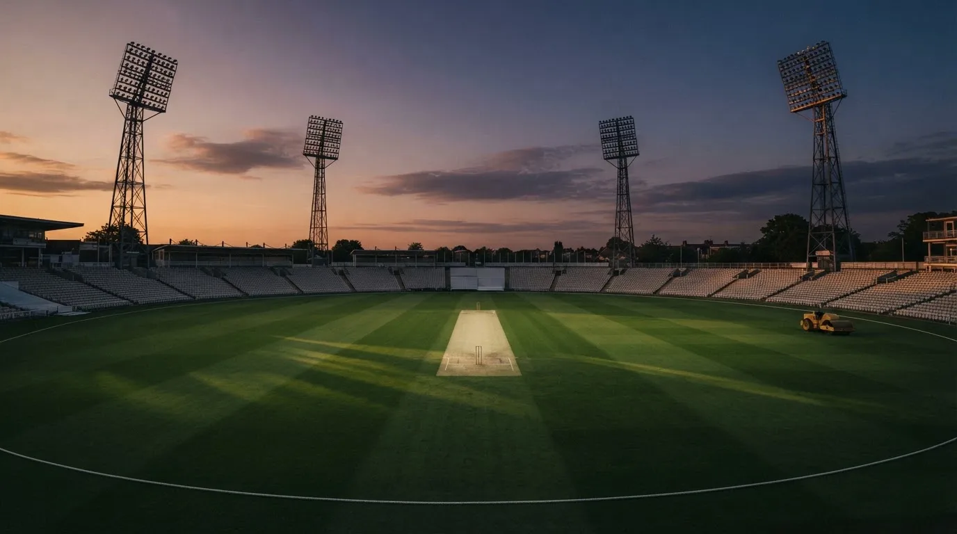 An empty football stadium with floodlight masts at dusk